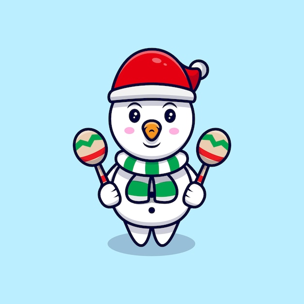 Schattige sneeuwpop spelen muziekinstrument mascotte Cartoon afbeelding.