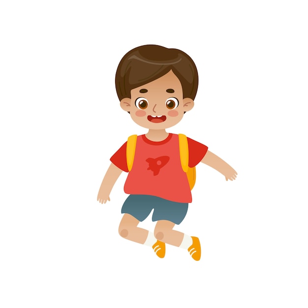 Schattige springschooljongen met rugzak Schattig speels kind Cartoon kleine student