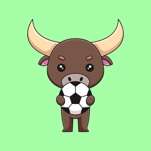 Schattige stier met voetbal cartoon mascotte doodle kunst hand getekend concept vectorillustratie kawaii pictogram