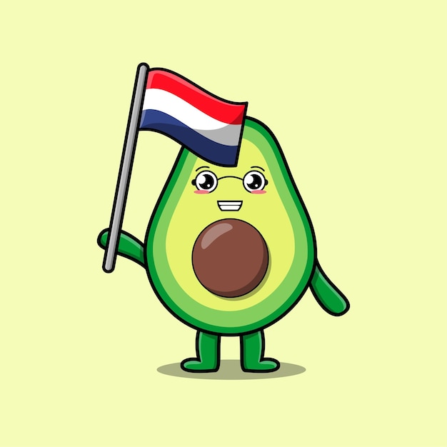 Schattige stripfiguur Avocado-mascotte met vlag van het land van Nederland in modern design