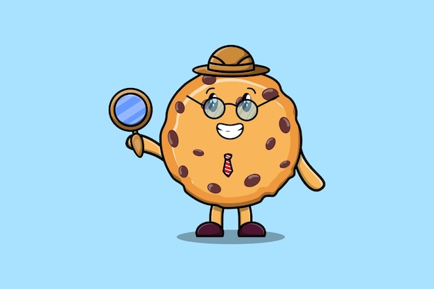 Schattige stripfiguur Biscuits detective zoekt met vergrootglas