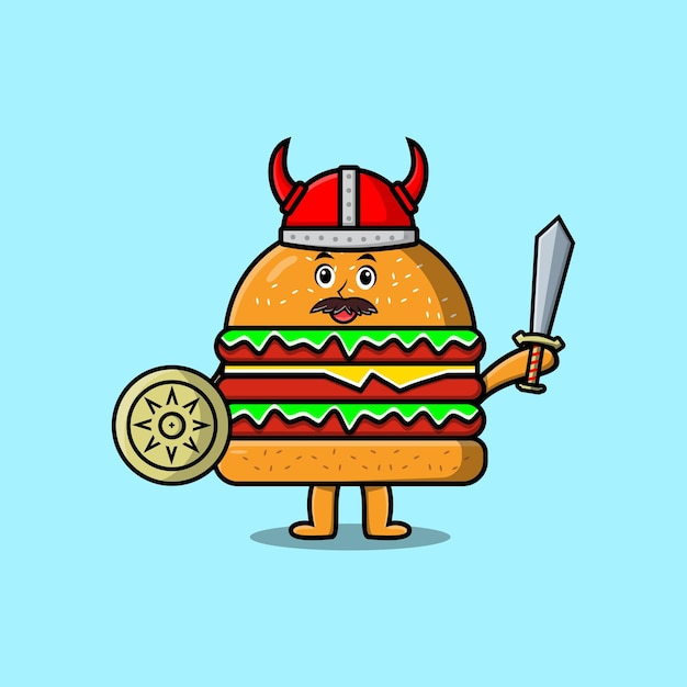 Schattige stripfiguur Burger viking piraat met hoed en met zwaard en schild illustratie