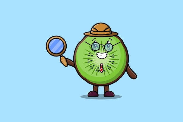 Schattige stripfiguur Kiwi fruit detective zoekt met vergrootglas