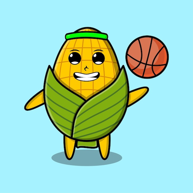 Schattige stripfiguur maïs spelen basketbal in moderne stijl ontwerp