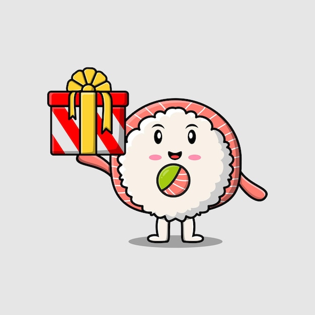 Schattige sushi stripfiguur met geschenkdoos in pictogram vectorillustratie