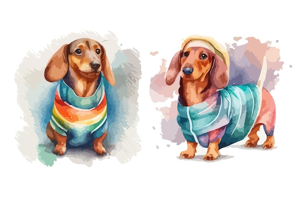 schattige teckel hond draagt een hotdog kostuum grappige aquarel vector illustratie set