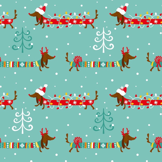 Schattige teckel in kerstmuts. grappige kerstprint. naadloos patroon. vector.