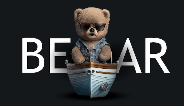 Schattige teddybeer gekleed in een strandshirt zonnebril zeilen op een motorboot Grappige charmante illustratie van een teddybeer op een zwarte achtergrond Print voor je kleding of ansichtkaarten Vector illustratie