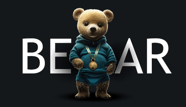 Schattige teddybeer gekleed in een trainingspak met een gouden medaille om zijn nek Grappige charmante illustratie van een teddybeer op een zwarte achtergrond Print voor je kleding of ansichtkaarten Vector illustratie