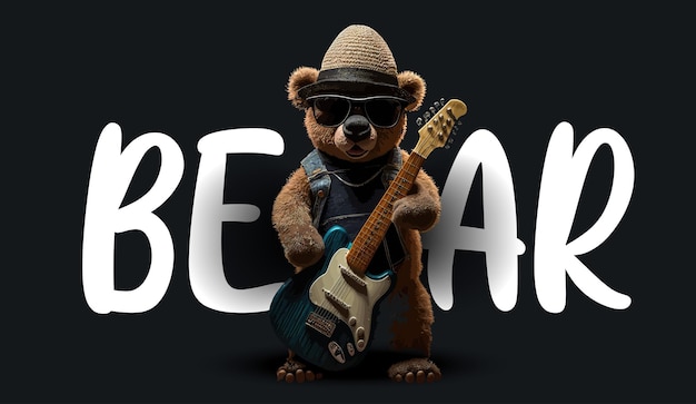 Schattige teddybeer gekleed in zonnebril strohoed gitaar spelen Grappige charmante illustratie van een teddybeer op een zwarte achtergrond Print voor je kleding of ansichtkaarten Vector illustratie