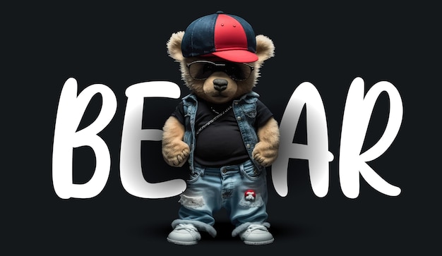 Schattige teddybeer in hiphopkleding met een baseballpet Grappige charmante illustratie van een teddybeer op een zwarte achtergrond Print voor je kleding of ansichtkaarten Vector illustratie