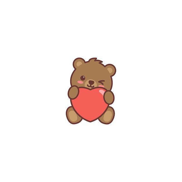Schattige teddybeer knipogend oog met rood hart cartoon vectorillustratie