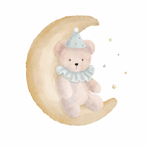 Schattige teddybeer op de maan met kleine sterren aquarel vectorillustratie