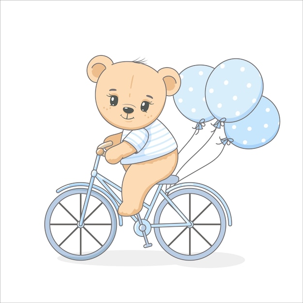 Schattige teddybeer op een fiets met ballonnen. vectorillustratie van een tekenfilm.