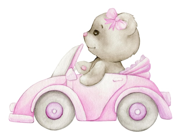 Schattige teddybeer rijden in een roze auto Aquarel cartoonstyle clipart op een geïsoleerde achtergrond