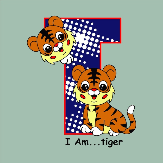 schattige tijger en zijn letter T design cartoon vectorillustratie