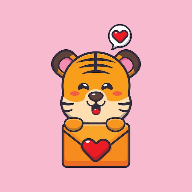 schattige tijger mascotte stripfiguur illustratie in Valentijnsdag
