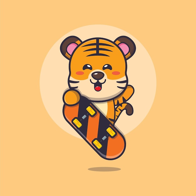 Vector schattige tijger mascotte stripfiguur met skateboard