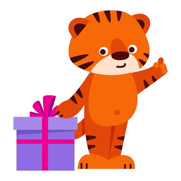 Schattige tijger met een geschenkdoos. Vectorillustratie in cartoon-stijl. Geïsoleerd op een witte achtergrond.