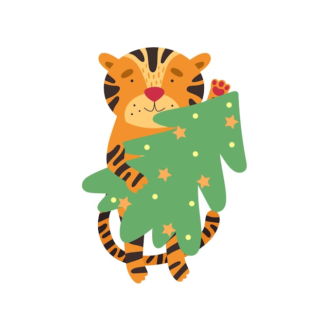 schattige tijger met een kerstboom