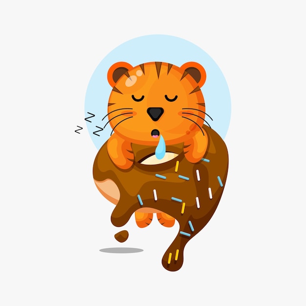 Vector schattige tijger slapen op een donut pictogram illustratie