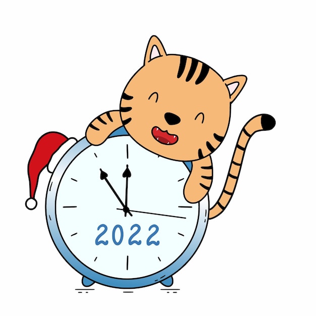 Schattige tijgerwelp en horloge. Symbool van het jaar 2022. Vectorillustratie voor vakantie van Kerstmis en Nieuwjaar.