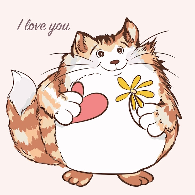 Schattige vector kat met hart en bloem Valentijnsdag kaart