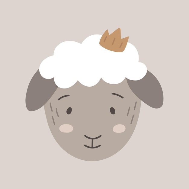 Vector schattige vector koning schapen met kroon, doodle lam pictogram voor kinderen, grappige illustratie van landbouwhuisdieren