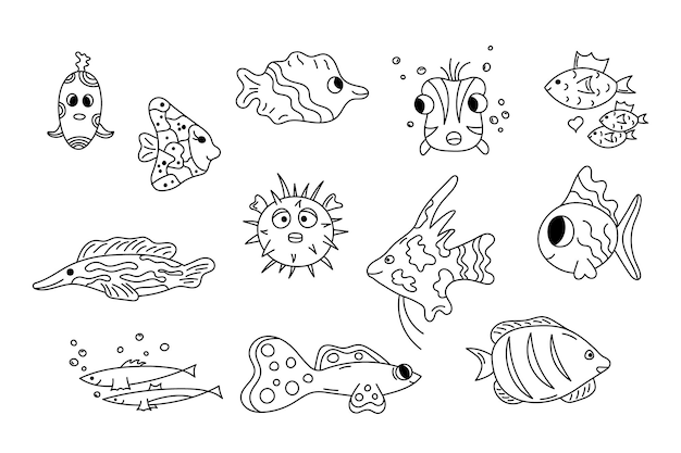 Schattige vis doodle set