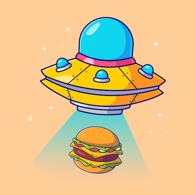 Schattige vliegende ufo vangen hamburger cartoon vector pictogram illustratie wetenschap voedsel pictogram concept