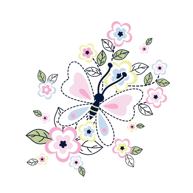 Schattige vlinders met kleurrijke bloemen vectorillustratie