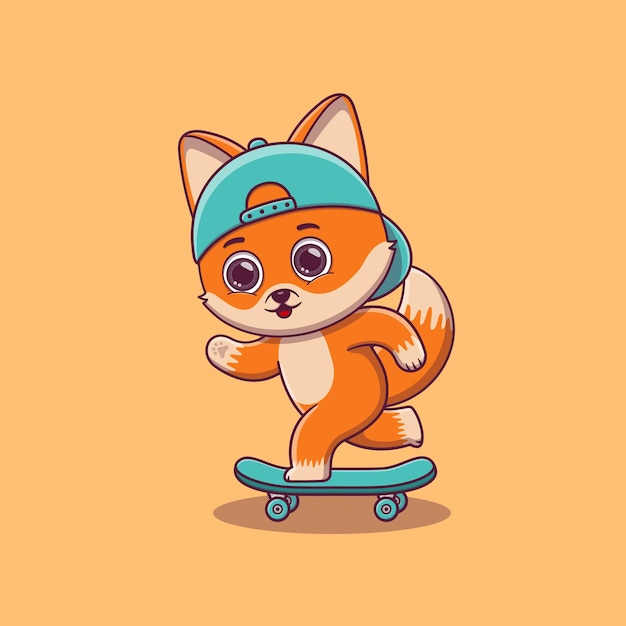 schattige vos die skateboardcartoon speelt