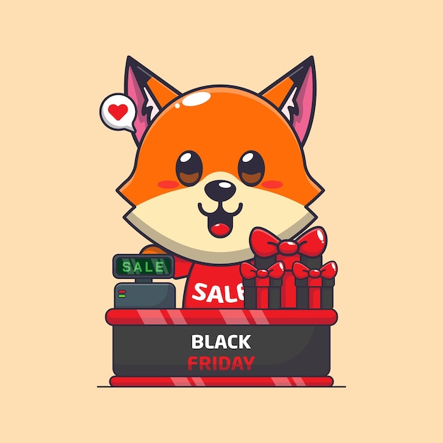 schattige vos met kassiertafel in zwarte vrijdag verkoop cartoon vectorillustratie