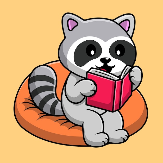 Schattige wasbeer leesboek op kussen Cartoon vector pictogram illustratie