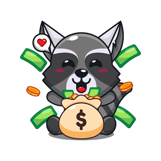 schattige wasbeer met geldzak cartoon vectorillustratie