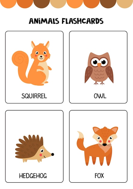 Vector schattige wilde dieren met namen flashcards voor kinderen