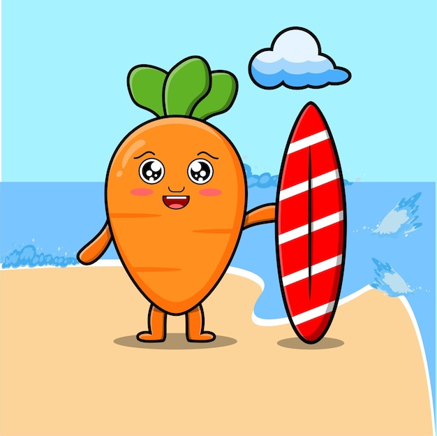 Schattige wortel stripfiguur spelen surfen met surfplank in platte cartoon stijl illustratie