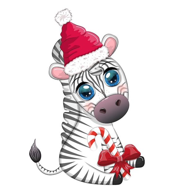 Schattige zebra in kerstmuts met kerstbal snoep kane cadeau Wildlife vakantie stripfiguur