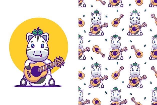 Schattige zebra spelen gitaar cartoon illustraties met naadloos patroon