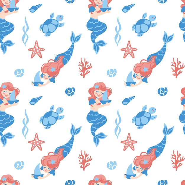 Schattige zeemeerminnen op de oceaan Fantasieprint voor kleine meisjes Naadloos patroon