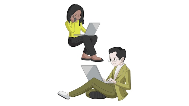 Vector schattige zittende bril man en vrouw die met laptop werken