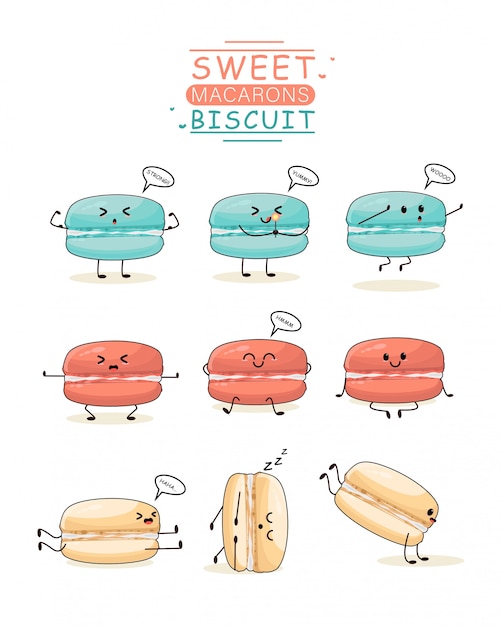 Vector schattige zoete macarons koekje crème pictogram animatie stripfiguur mascotte sticker uitdrukking praten activiteit