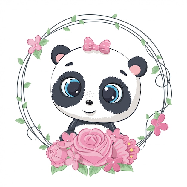 Schattige zomer babypanda met bloemenkrans. illustratie voor babydouche, wenskaart, uitnodiging voor feest, mode kleding t-shirt print