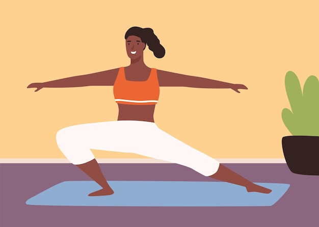 Schattige zwarte huid vrouw beoefenen van fitness op mat platte vectorillustratie. Atletisch yogameisje demonstreert sportoefeningen in de sportschool of het interieur. Glimlachende sportvrouw die van een gezonde levensstijl geniet.