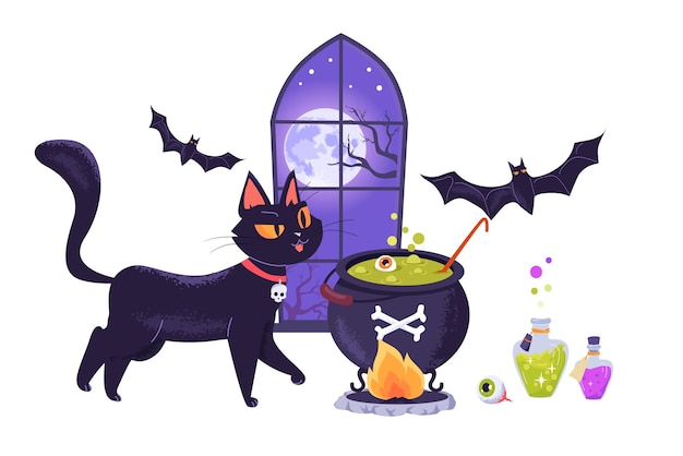 Vector schattige zwarte kat en vleermuis bereiden een magisch drankje voor halloween-feest