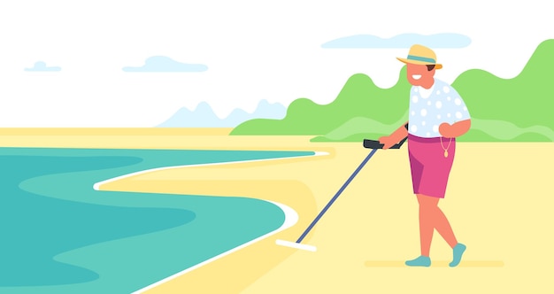 Schatzoeker met metaaldetector aan zandige kust Persoon die goud vindt door gereedschap te detecteren Kustlijn strand Oudheid zoeken Outdoor hobby Man lopen op zand Vector concept