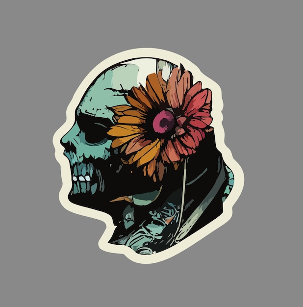 schedel en bloem schilderij illustratie sticker, t-shirt ontwerp cyber punk retro futuristisch