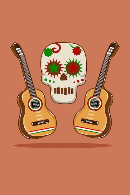 Schedel en gitaar cartoon afbeelding ontwerp