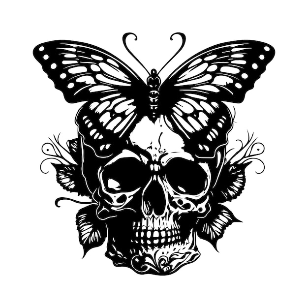 schedel hoofd en vlinder lijntekeningen hand getekende illustratie