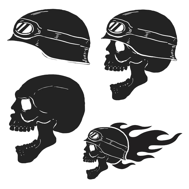 Vector schedel in ruiterhelm met vuur. illustraties